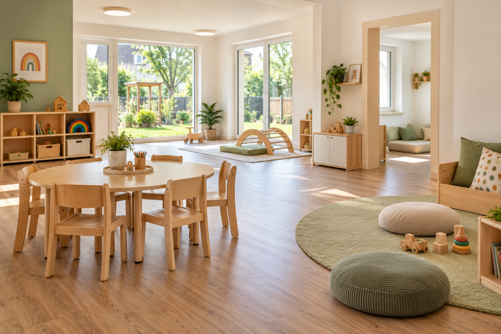 Heller, großzügiger Raum für die Kindertagespflege mit Holzmöbeln, kleinem Kindertisch, Spielzeug und gemütlichen Spielecken. Große Fenster bieten Blick in einen Garten.