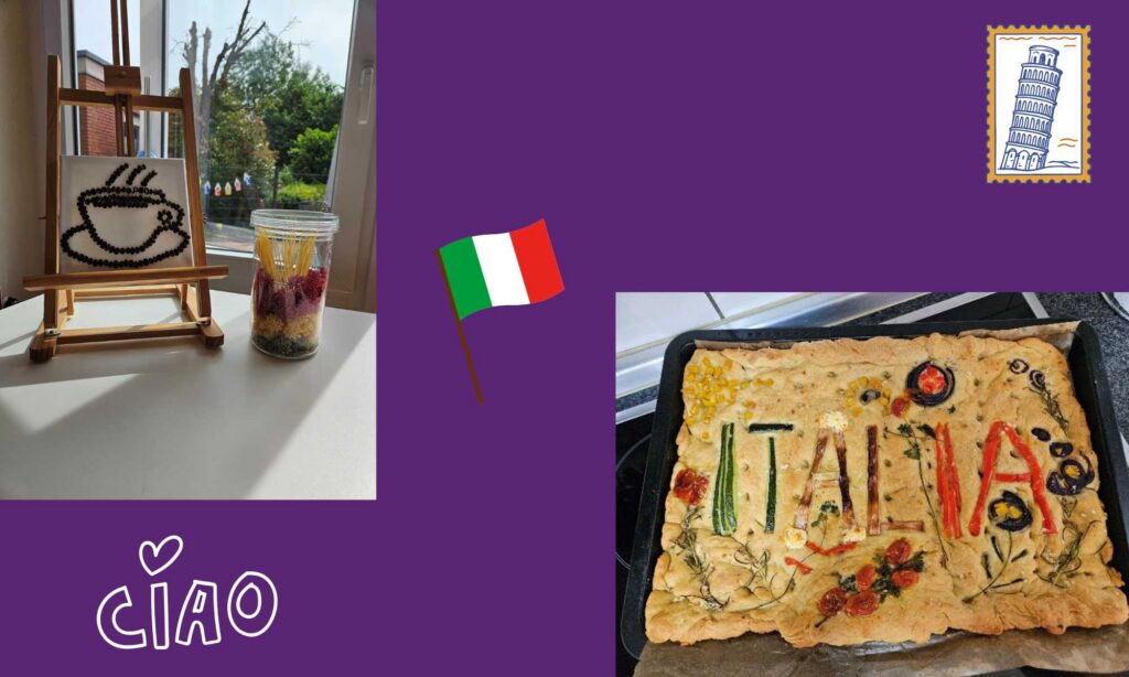 Collage der Italienischen Woche in der Tagespflege Laggenbeck mit einem Kaffeebohnen-Kunstwerk, einem dekorierten Nudelglas und einem selbst gebackenen Focaccia-Brot mit der Aufschrift „Italia“. Italienische Motive wie Flagge, Pisa und „Ciao“ runden das Bild ab.